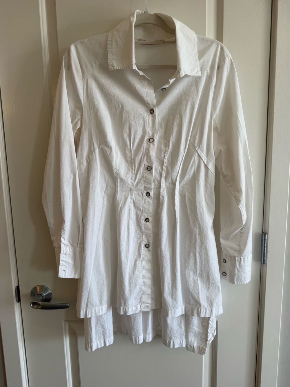 White Long-Sleeve Button Mini Shirt Dress - Picture 2 of 5
